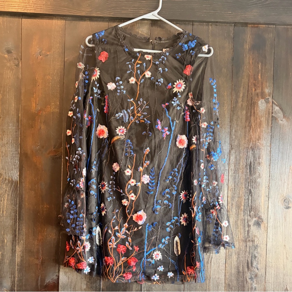 Black Floral Embroidered Long-Sleeve Dress